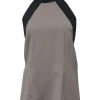 Taupe and black wool-blend Grecian neck open-back apron top with mid-back buckle fastening