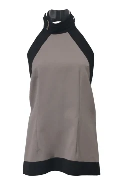 Taupe and black wool-blend Grecian neck open-back apron top with mid-back buckle fastening