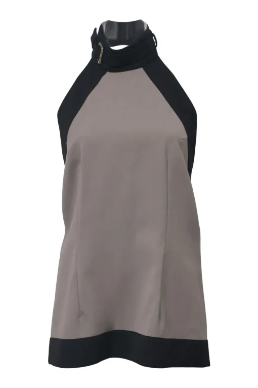 Taupe and black wool-blend Grecian neck open-back apron top with mid-back buckle fastening