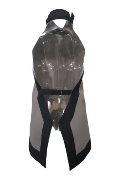 Taupe and black wool-blend Grecian neck open-back apron top with mid-back buckle fastening