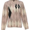 Taupe and blush boiled wool-blend argyle crewneck pullover sweater