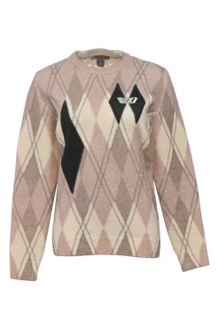 Taupe and blush boiled wool-blend argyle crewneck pullover sweater