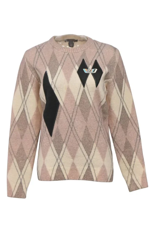 Taupe and blush boiled wool-blend argyle crewneck pullover sweater