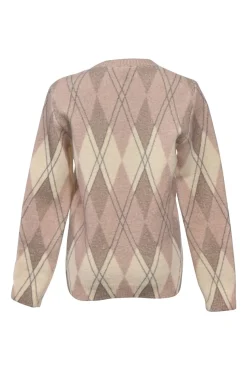Taupe and blush boiled wool-blend argyle crewneck pullover sweater