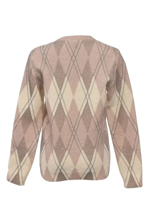Taupe and blush boiled wool-blend argyle crewneck pullover sweater