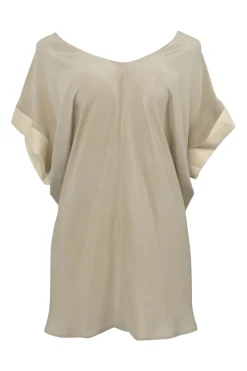 Taupe bias-cut portrait neckline cowl-back dolman sleeve blouse