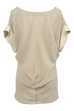Taupe bias-cut portrait neckline cowl-back dolman sleeve blouse