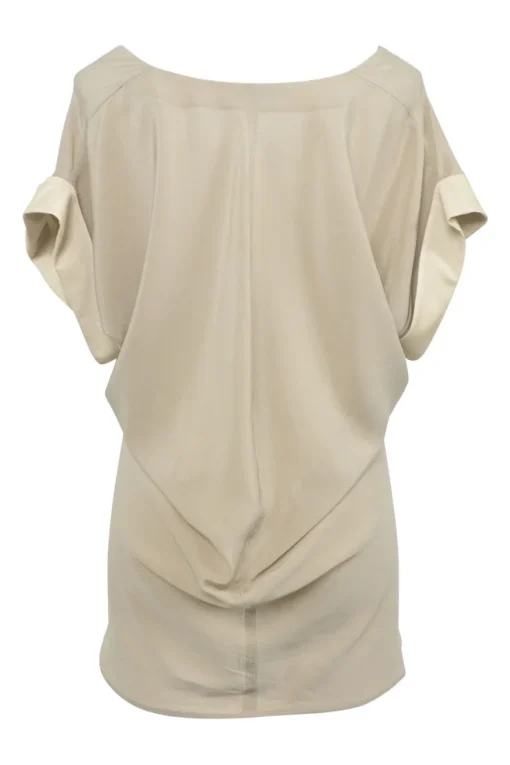 Taupe bias-cut portrait neckline cowl-back dolman sleeve blouse