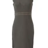 Taupe brown bouclé knit slit-back sleeveless sheath dress