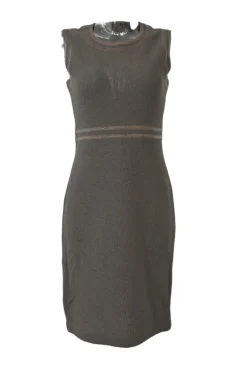 Taupe brown bouclé knit slit-back sleeveless sheath dress