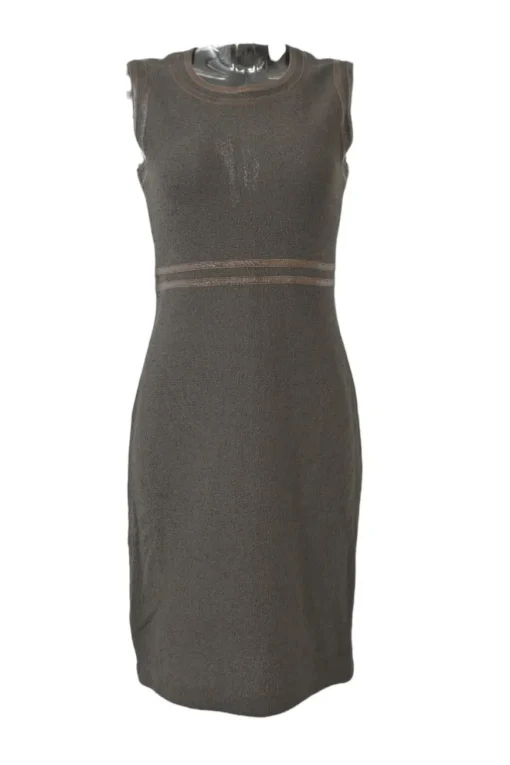 Taupe brown bouclé knit slit-back sleeveless sheath dress