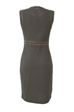 Taupe brown bouclé knit slit-back sleeveless sheath dress