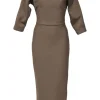 Taupe brown piqué knit portrait neck dolman sleeve blouson sheath dress with plunge back