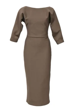 Taupe brown piqué knit portrait neck dolman sleeve blouson sheath dress with plunge back