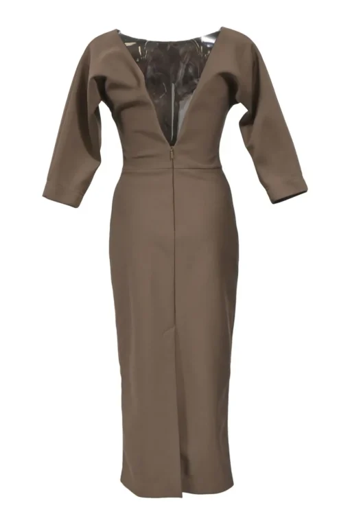 Taupe brown piqué knit portrait neck dolman sleeve blouson sheath dress with plunge back