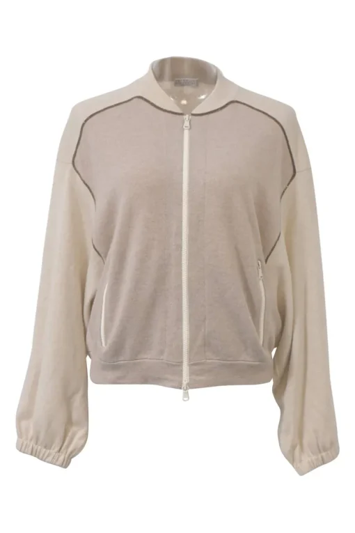 Taupe cashmere jersey knit zip blouson cardigan