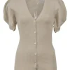 Taupe fully-fashioned knit puff sleeve button-front plunge neck cardigan
