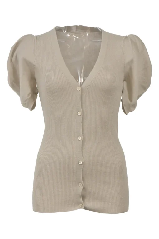 Taupe fully-fashioned knit puff sleeve button-front plunge neck cardigan