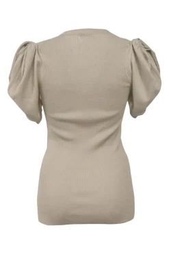 Taupe fully-fashioned knit puff sleeve button-front plunge neck cardigan