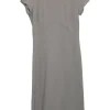 Taupe grey wool crêpe pullover short sleeve empire waist mini A-line dress
