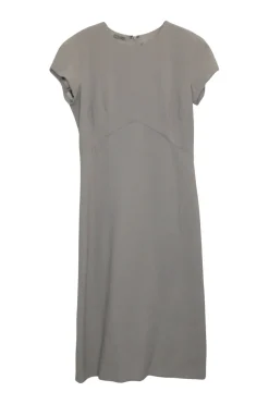 Taupe grey wool crêpe pullover short sleeve empire waist mini A-line dress