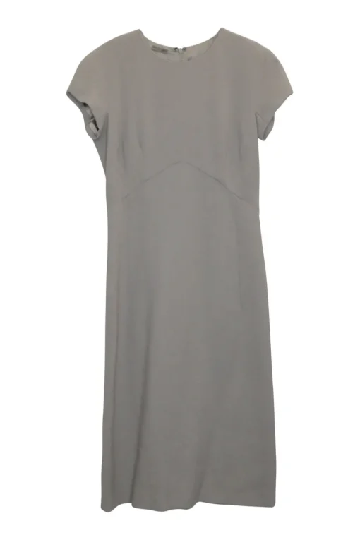Taupe grey wool crêpe pullover short sleeve empire waist mini A-line dress