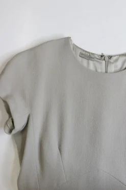 Taupe grey wool crêpe pullover short sleeve empire waist mini A-line dress