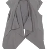 Taupe grey wool draped open-front cap sleeve waistcoat