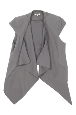 Taupe grey wool draped open-front cap sleeve waistcoat
