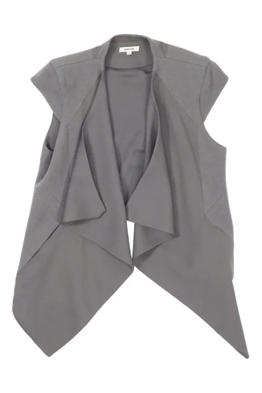 Taupe grey wool draped open-front cap sleeve waistcoat