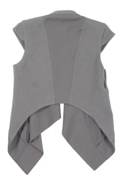 Taupe grey wool draped open-front cap sleeve waistcoat