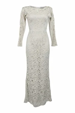 Taupe ivory layered viscose-blend floral lace bateau neck mermaid gown with keyhole back