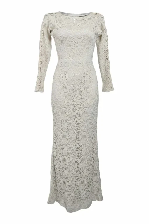 Taupe ivory layered viscose-blend floral lace bateau neck mermaid gown with keyhole back