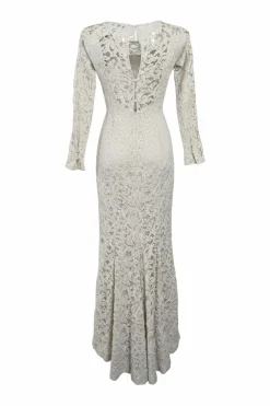 Taupe ivory layered viscose-blend floral lace bateau neck mermaid gown with keyhole back