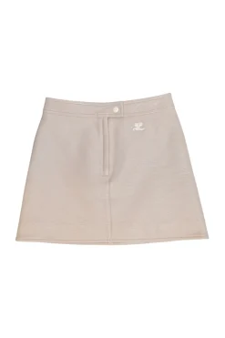 Taupe pink crinkle polyurethane-cotton blend vinyl pull-on A-line Reedition mini skirt featuring hip logo patch appliqué