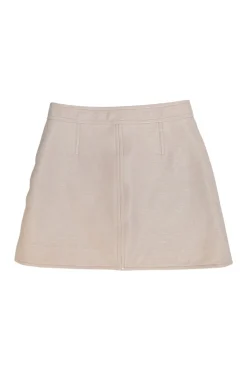 Taupe pink crinkle polyurethane-cotton blend vinyl pull-on A-line Reedition mini skirt featuring hip logo patch appliqué