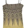 Taupe silk embroidered camisole featuring floral broderie motif with fringe macramé hem