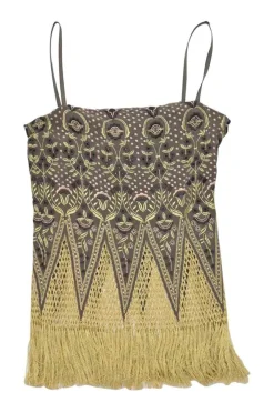 Taupe silk embroidered camisole featuring floral broderie motif with fringe macramé hem