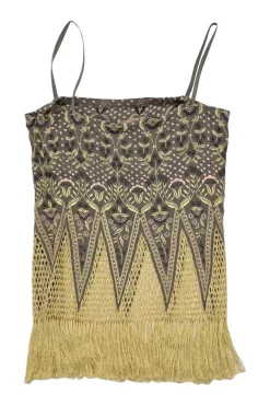 Taupe silk embroidered camisole featuring floral broderie motif with fringe macramé hem