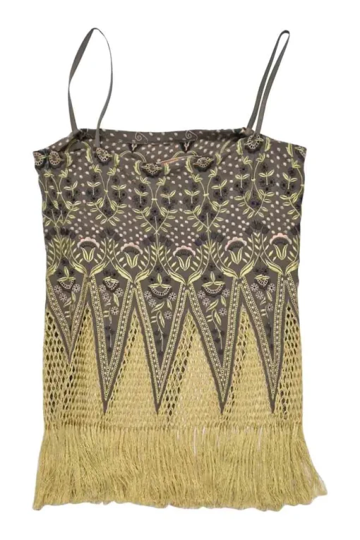 Taupe silk embroidered camisole featuring floral broderie motif with fringe macramé hem