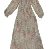 Taupe silk floral print maxi A-line dress with smocked bodice and gathered blouson sleeves
