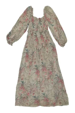 Taupe silk floral print maxi A-line dress with smocked bodice and gathered blouson sleeves