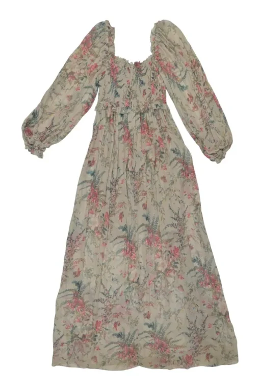 Taupe silk floral print maxi A-line dress with smocked bodice and gathered blouson sleeves