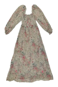 Taupe silk floral print maxi A-line dress with smocked bodice and gathered blouson sleeves