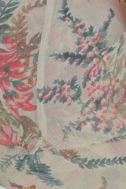 Taupe silk floral print maxi A-line dress with smocked bodice and gathered blouson sleeves