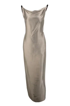 Taupe, Silk, square neck, thin velvet straps, maxi dress with draped floral fabric back panel.