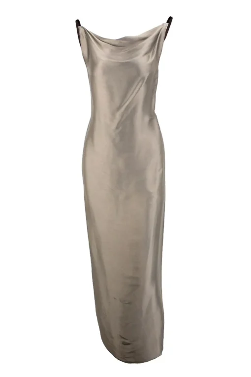 Taupe, Silk, square neck, thin velvet straps, maxi dress with draped floral fabric back panel.