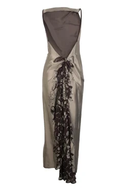 Taupe, Silk, square neck, thin velvet straps, maxi dress with draped floral fabric back panel.