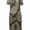 Taupe viscose python digi-print short sleeve sheath dress with lace-up sleeves and sides