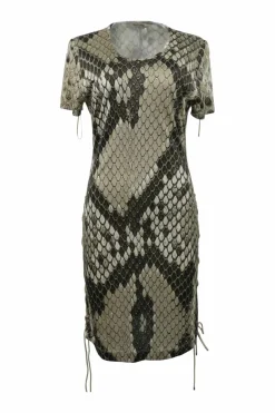 Taupe viscose python digi-print short sleeve sheath dress with lace-up sleeves and sides